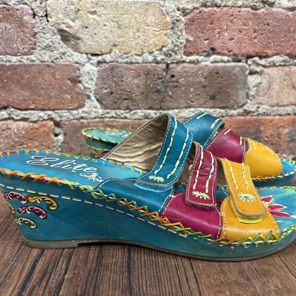 Leather Floral Wedge Sandals