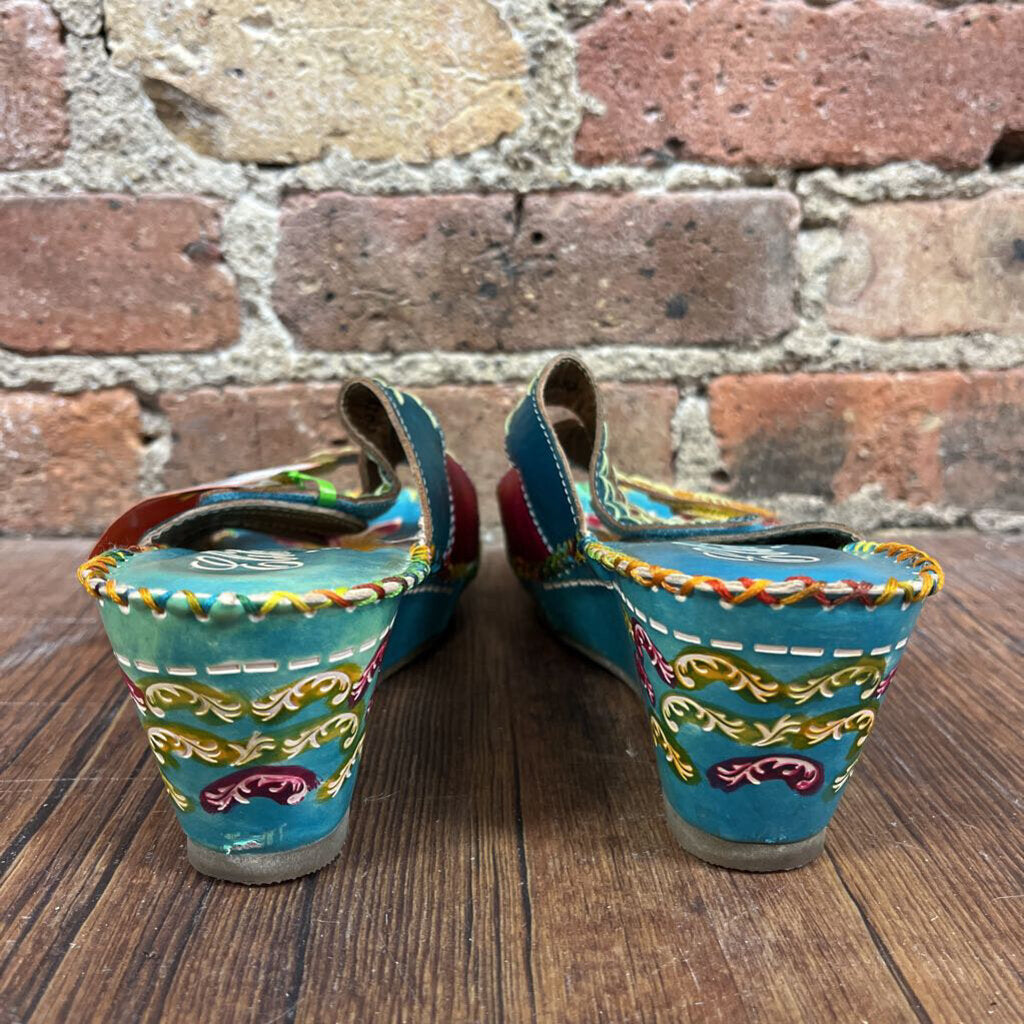 Leather Floral Wedge Sandals