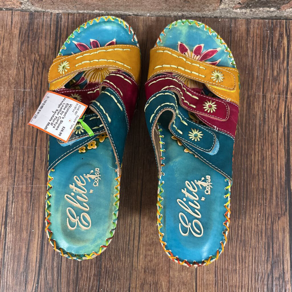 Leather Floral Wedge Sandals