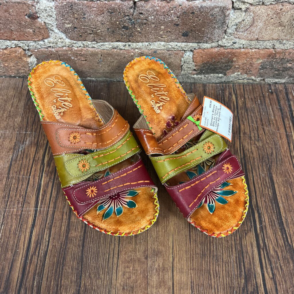 Leather Floral Wedge Sandals