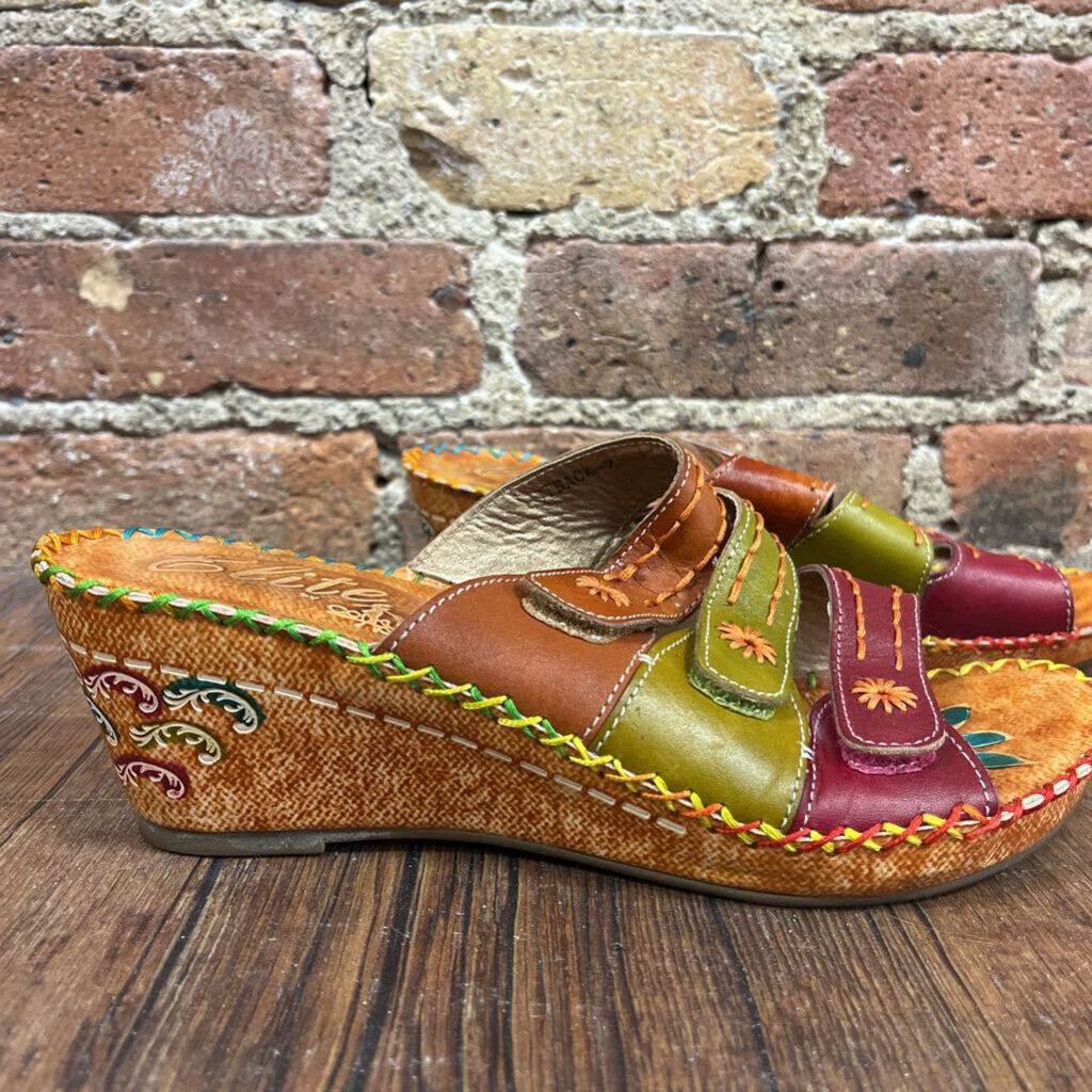 Leather Floral Wedge Sandals