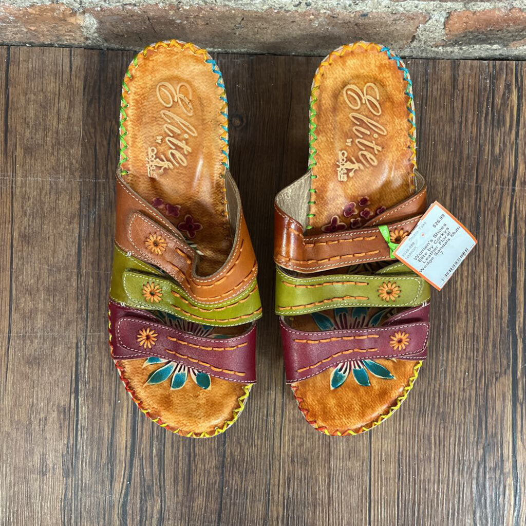 Leather Floral Wedge Sandals