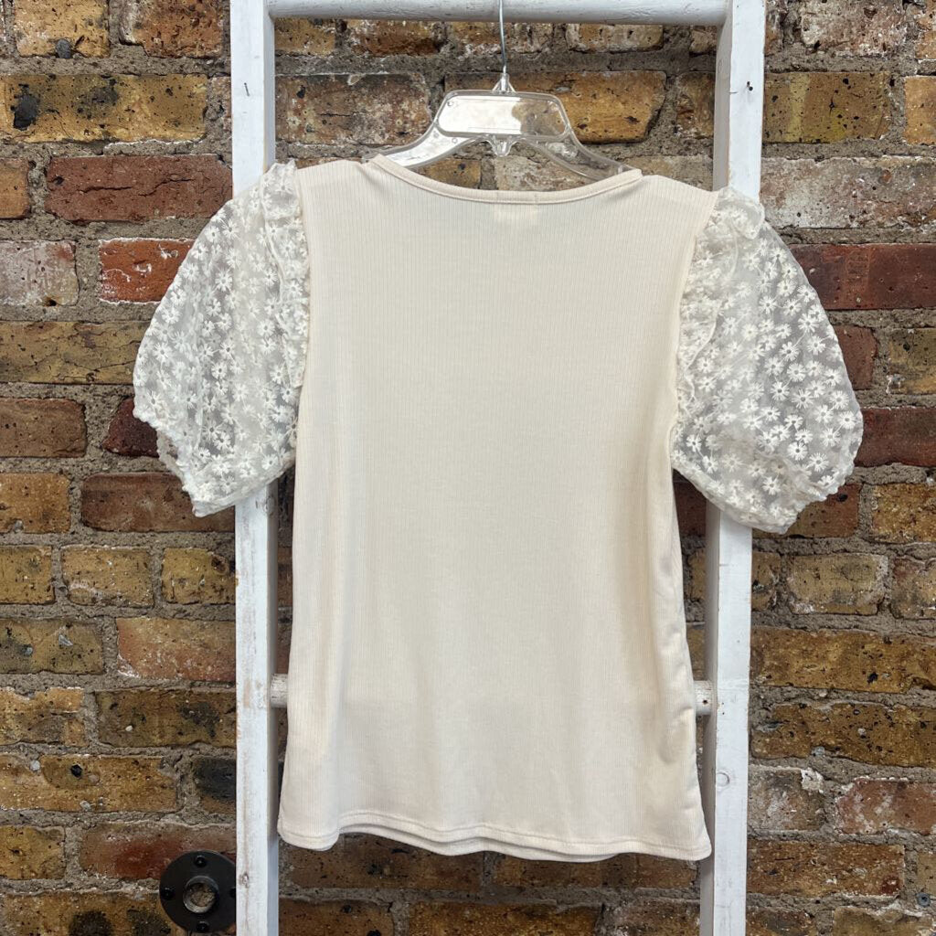 Top SS Ribbed Lace Slv