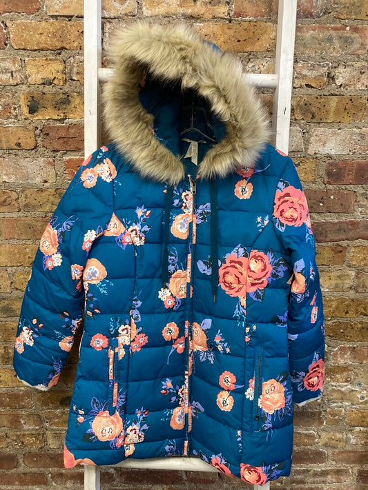 Floral Puffer Coat Faux Fur Hood