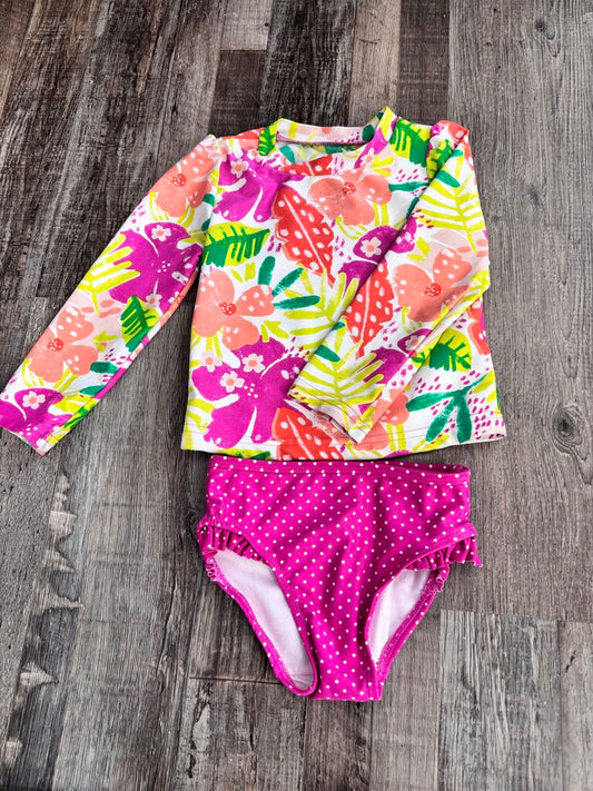 2 PC Swimsuit LS Tropical Flower Rashguard & Polka Dot Bottoms