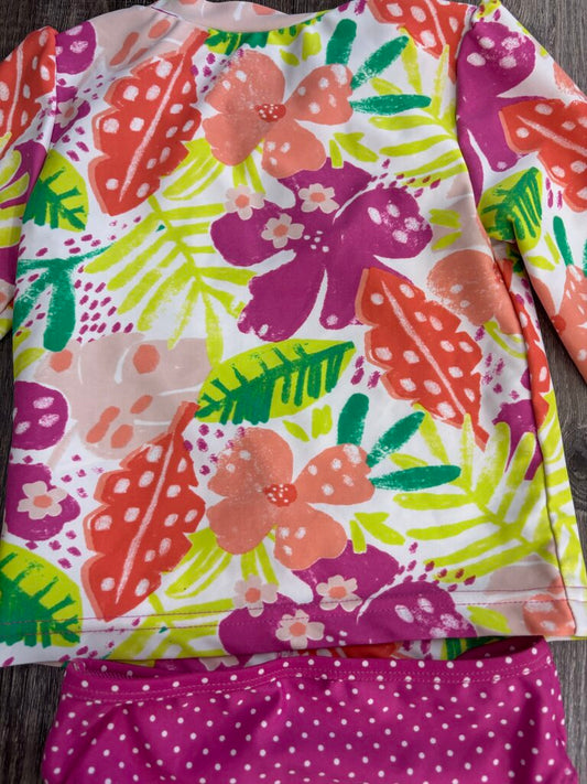 2 PC Swimsuit LS Tropical Flower Rashguard & Polka Dot Bottoms