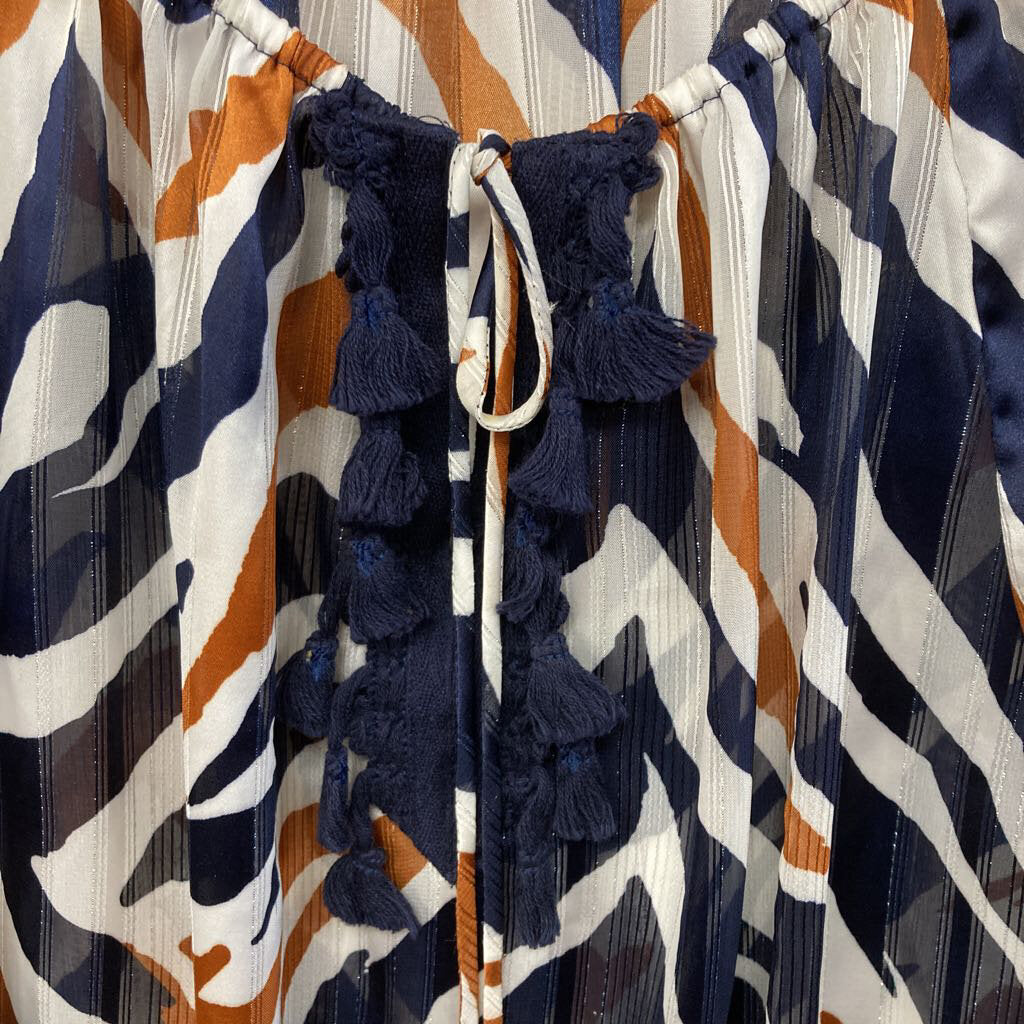 Sheer Zebra Stripe Blouse Tassels