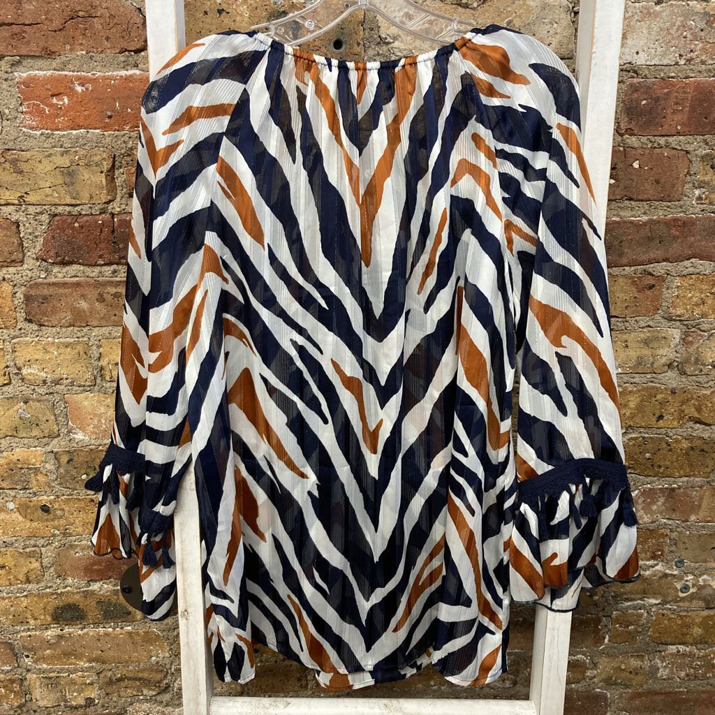 Sheer Zebra Stripe Blouse Tassels