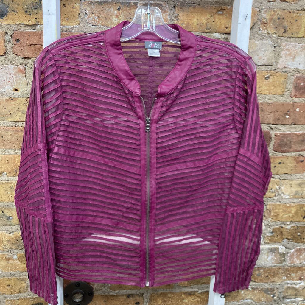 Mesh Zip Up Jacket Faux Leather Stripes