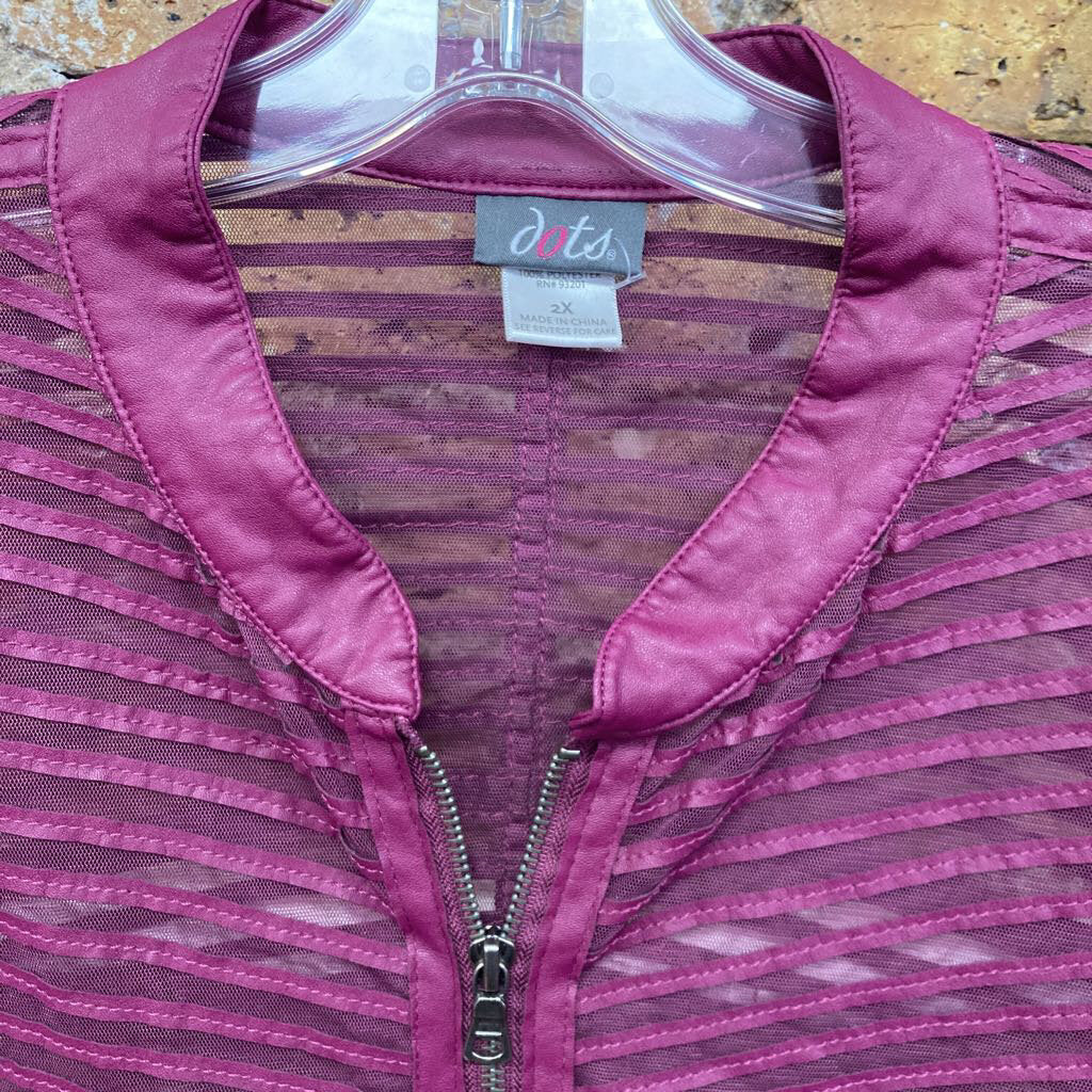 Mesh Zip Up Jacket Faux Leather Stripes