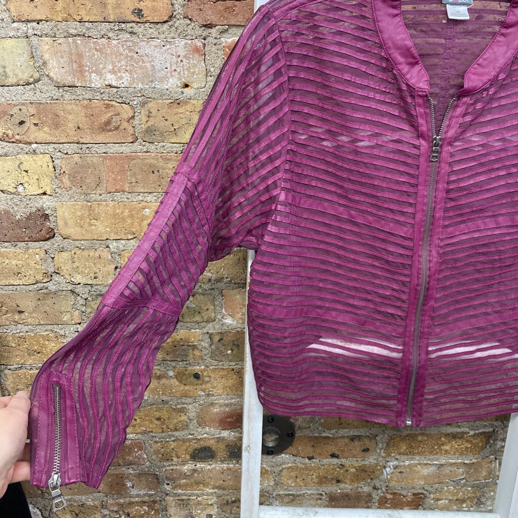 Mesh Zip Up Jacket Faux Leather Stripes