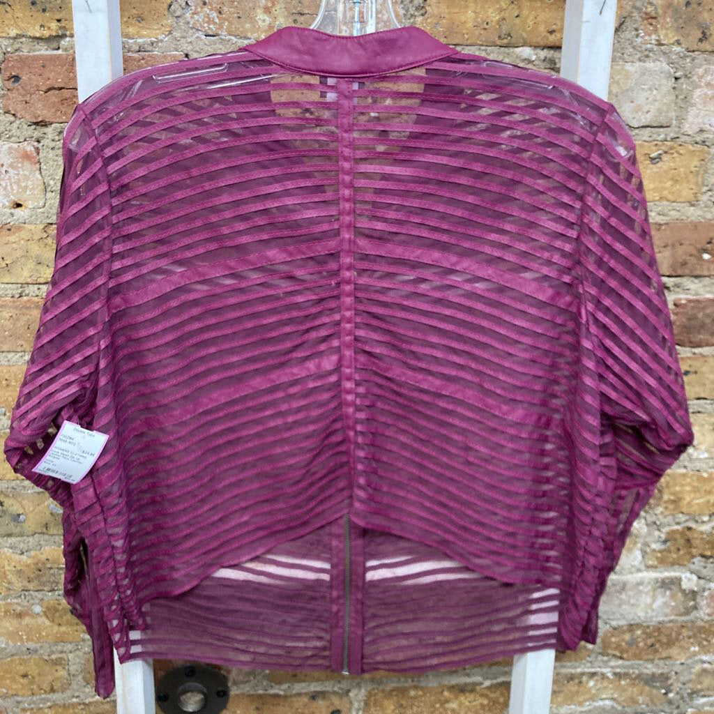 Mesh Zip Up Jacket Faux Leather Stripes