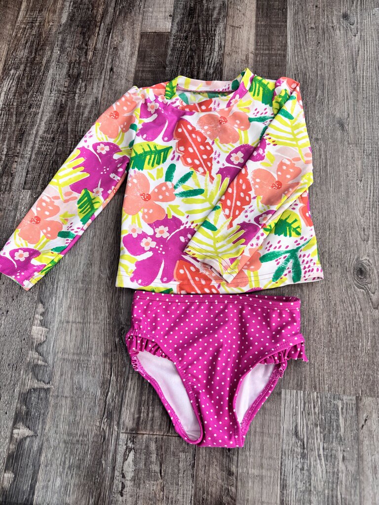 2 PC Swimsuit LS Tropical Flower Rashguard & Polka Dot Bottoms