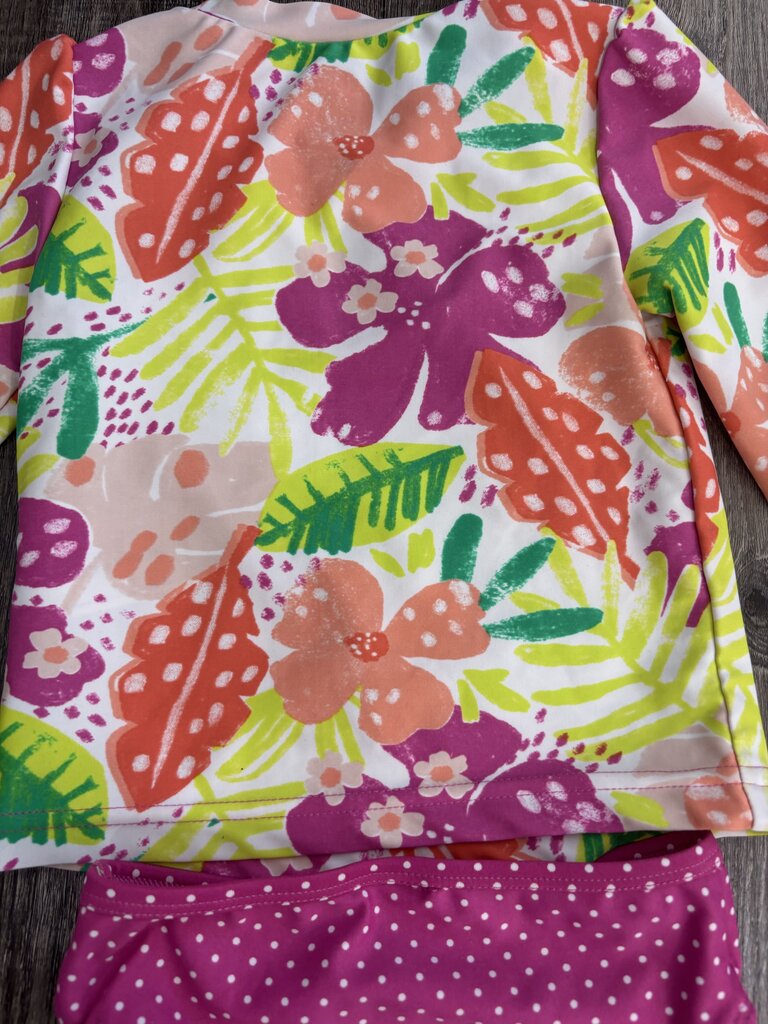 2 PC Swimsuit LS Tropical Flower Rashguard & Polka Dot Bottoms