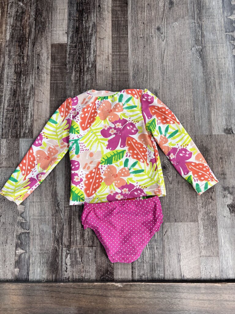 2 PC Swimsuit LS Tropical Flower Rashguard & Polka Dot Bottoms